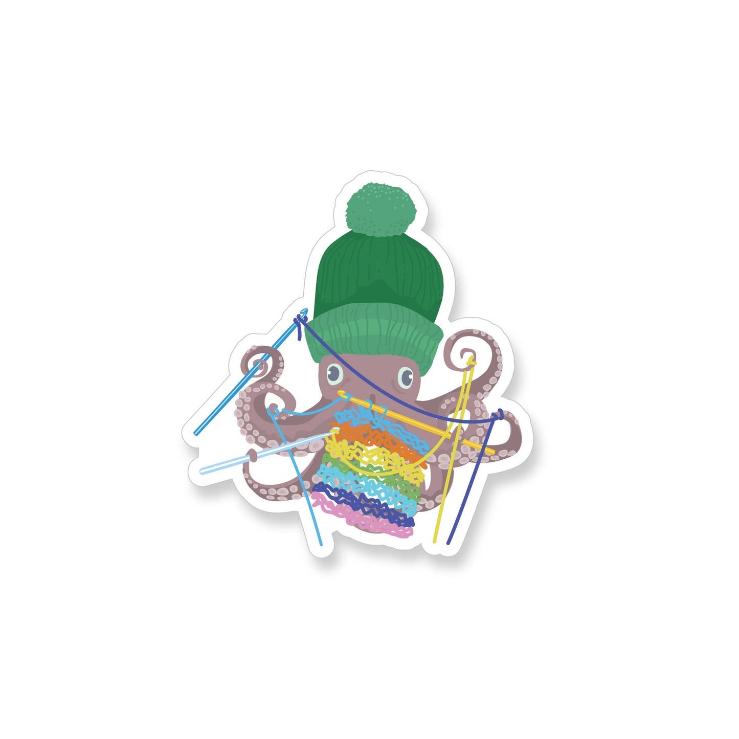 Sticker: Octopus With A Cute Hat Crocheting Rainbow Yarn